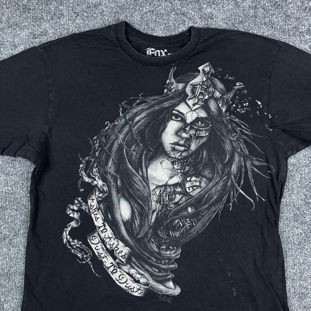 Fox Graphic T-Shirt Mens Large Black Short Sleeve Biker Gothic Skull Art Tee